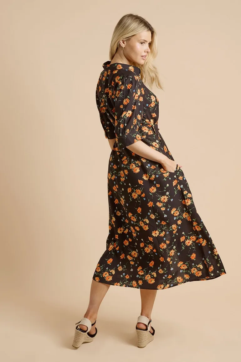 Black Floral Puff Sleeve Midi Shirt Dress - 2