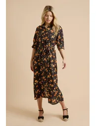 Black Floral Puff Sleeve Midi Shirt Dress - 1