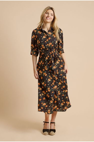 Black Floral Puff Sleeve Midi Shirt Dress