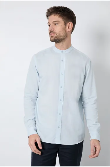 Light Blue Linen Blend Grandad Collar Shirt