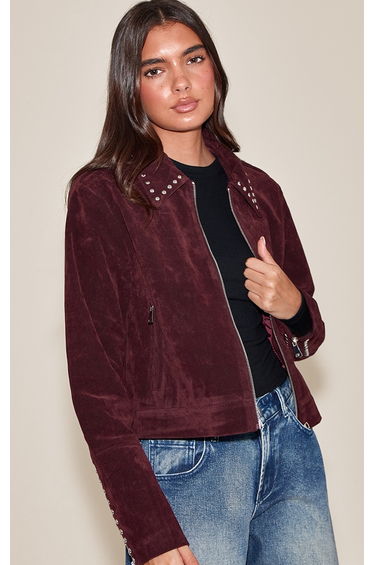 Burgundy Studded Detail Faux Suede Zip Up Jacket
