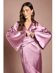Satin Fringe Hem Wrap Waist Midi Dress - 1