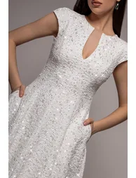 Bead Embellished Jacquard A Line Midi Dress - White by Goddiva - 3