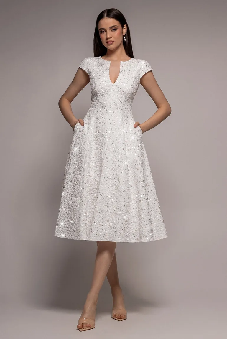 Bead Embellished Jacquard A Line Midi Dress - White by Goddiva