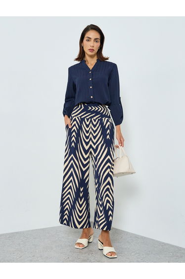 Women Striped Elastic High Rise Wide Leg Pants