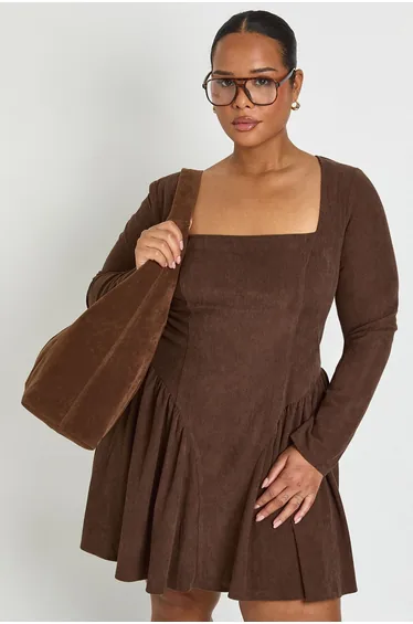 Plus Cord Milkmaid Skater Dress - chocolate