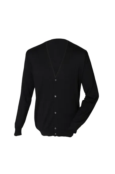 Henbury Mens V Neck Button Fine Knit Cardigan - Black