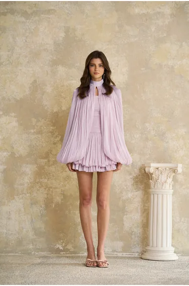 فستان مع وشاح مس روزيه شيفون أرجواني قصير على شكل حرف A