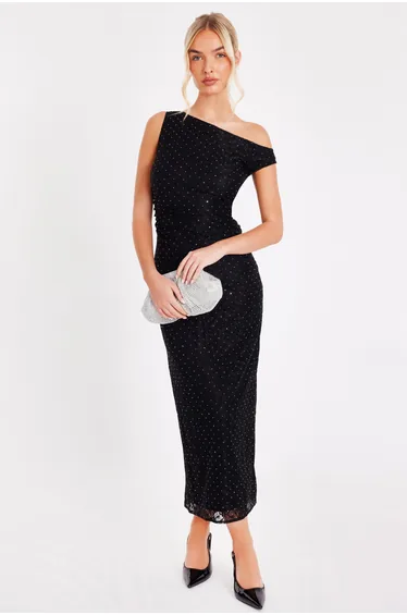 فستان كويز شيفون أسود ماكسي بقصة مستقيمة