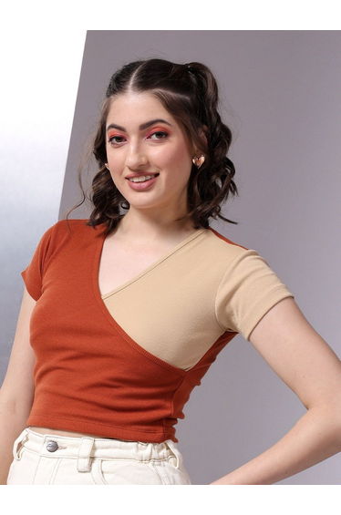 Women Color Block Ribbed Crop Top