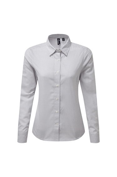 Premier Womens/Ladies Maxton Check Long Sleeve Shirt - Silver/White