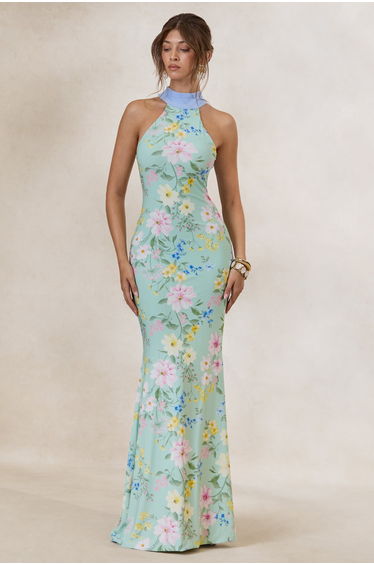 Inarah | Mint Floral Print High-Neck Maxi Dress With Scarf Detail