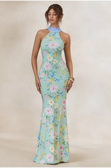 Inarah | Mint Floral Print High-Neck Maxi Dress With Scarf Detail