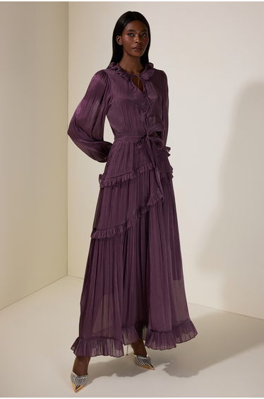 Pleated Lace-Up Ruffle Midi Dress