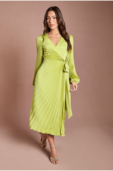 Satin Pleated Wrap Dress