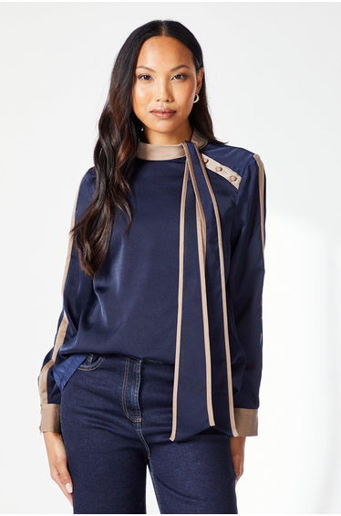 Principles by Debenhams High Neck Stripped Long Sleeved Navy Satin Blouse