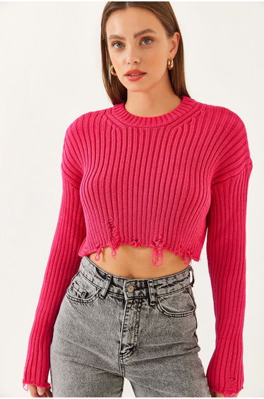 Women's Crew Neck Ripped Detail Crop Knitwear Sweater