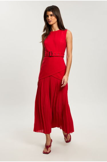 Petite Ponte And Georgette Jersey Pleated Maxi Dress