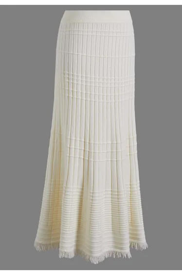 Fringe Hem Textured Ribbed Knit Maxi Skirt in Cream