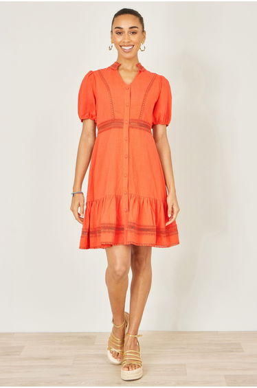Yumi Orange Cotton Lace Trim Skater Shirt Dress