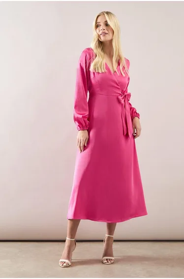 Petite Satin Wrap Midi Dress