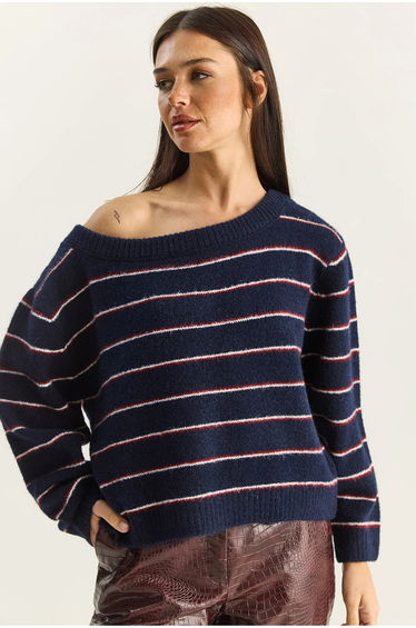 LUCCI Oversized Striped Knit Sweater with Asymmetrical Collar