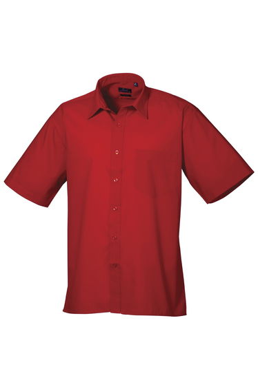 Premier Mens Short Sleeve Formal Poplin Plain Work Shirt - Red