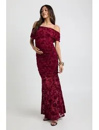 Maternity Devore Asymmetric Neckline Sheer Skirt Maxi Dress - red