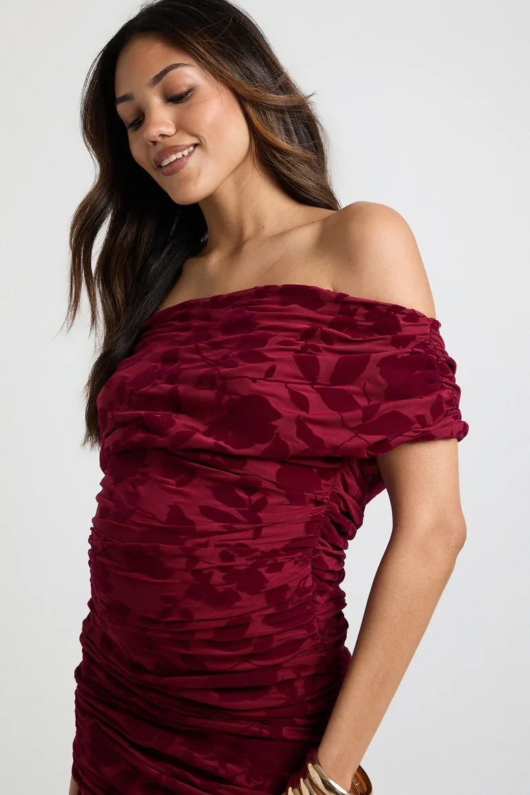 Maternity Devore Asymmetric Neckline Sheer Skirt Maxi Dress - red - 3