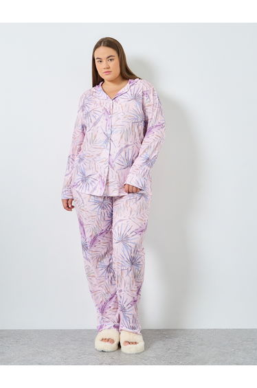 Plus Size Tropical Print Shirt and Pyjama Set