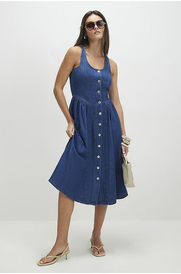 Blue Denim Button Front Midi Dress