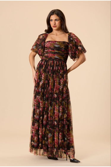 Lana Puff Sleeve Tulle Maxi Dress in Black Floral