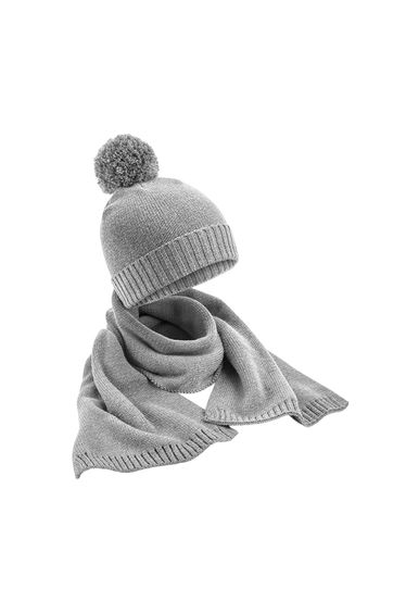 Beechfield Adult Flecked Knitted Hat And Scarf Set - Light Grey