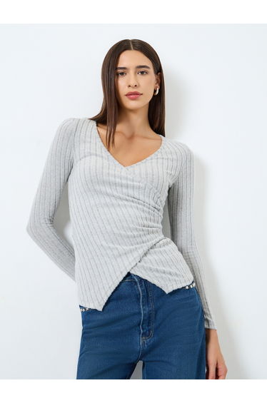 Solid V-Neck Long Sleeve Ribbed Wrap Top