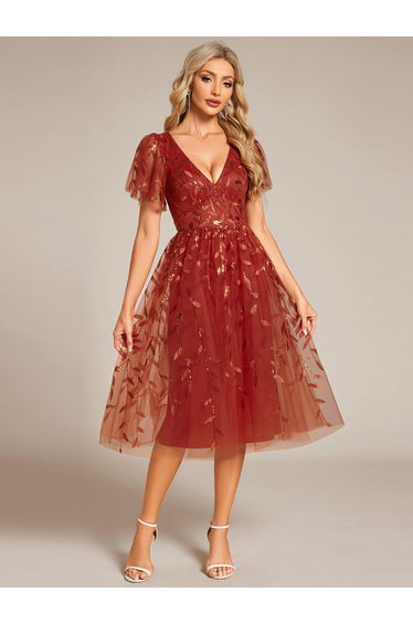 ever SIMONE|Short Sleeves Leaf Sequin A-Line Midi Formal Wedding Guest Dress