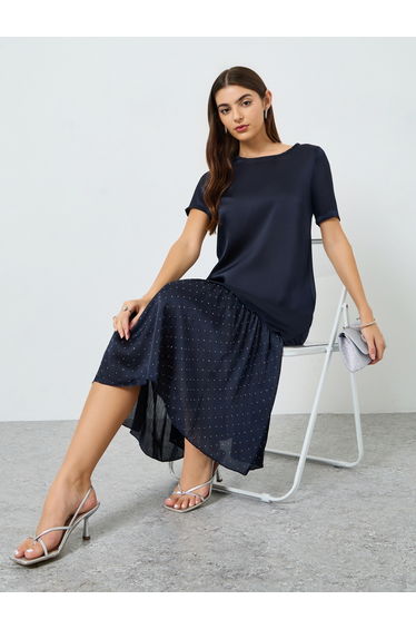 Women Navy Blue Ruffled Hem Midi Dress