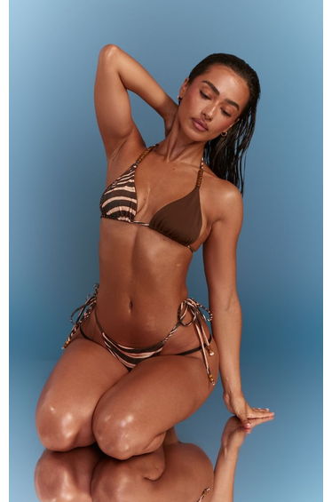 Brown Mixed Animal Print Beaded Bikini Top