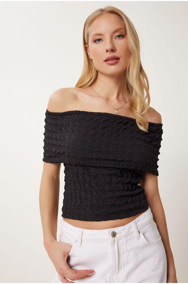 Women's Black Boat Neck Textured Stretchy Blouse