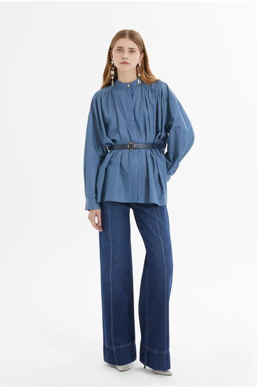 Ruffle Collar Front Zipper Striped Blue Poplin Shirt
