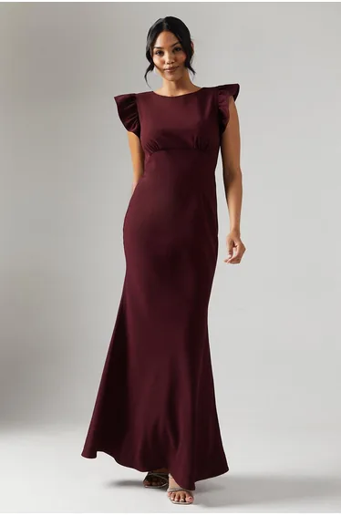 Ruffle Angel Sleeve Crepe Bridesmaids Maxi Dress
