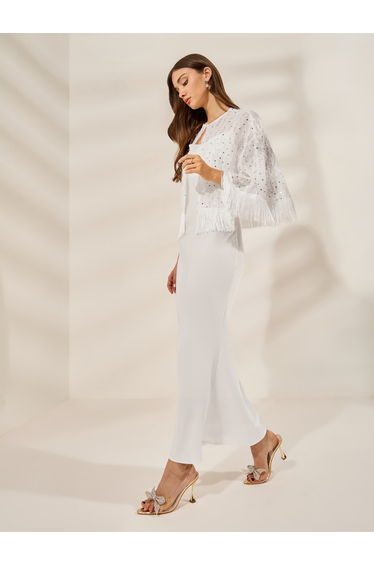 Women Satin Maxi Dress with Embellished Sequin Cape Set