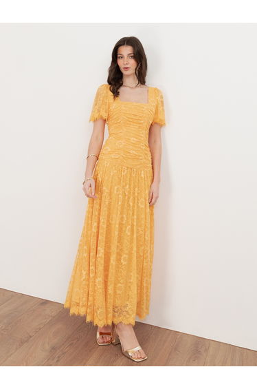 Maya Sunflower Yellow Square Neck Angel Sleeve Lace Midaxi Dress
