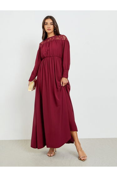 Women Maroon Long Sleeves A Line Maxi Dress