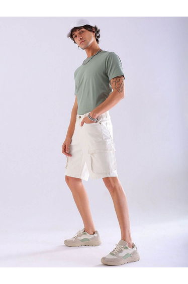 Men Off White Relaxed Fit Solid Denim Shorts