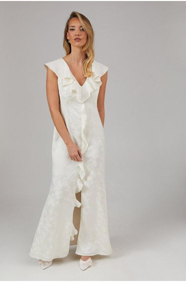 Satin Jacquard Ruffle V Neck Bridesmaids Dress