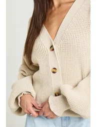 Balloon Sleeve Button Through Rib Cardigan - stone - 3
