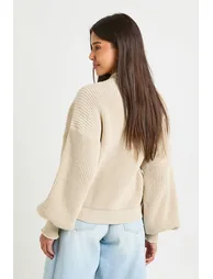 Balloon Sleeve Button Through Rib Cardigan - stone - 1