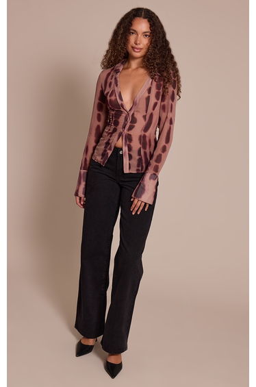 Tall Khaki Printed Mesh Button Front Blouse