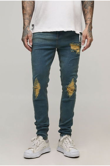 Tall Skinny Fit Rip & Repair Embroidery Denim Jeans - vintage blue
