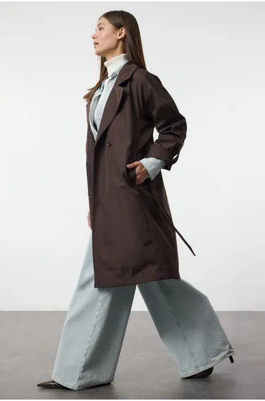 Brown Oversize Belted Water Repellent Long Trench Coat